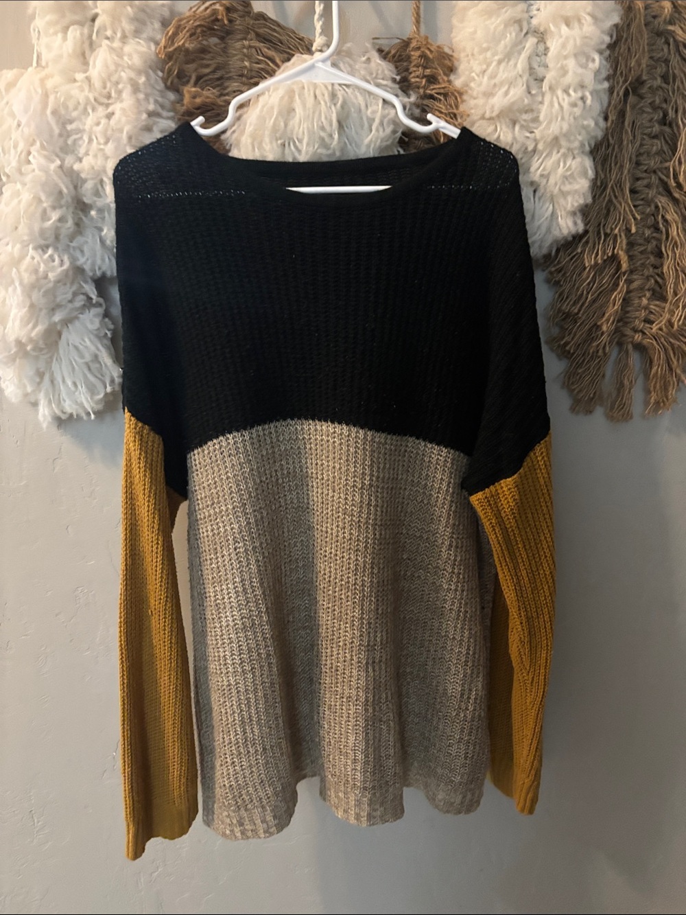 Colorblock Knit Sweater - Black, Beige & Mustard